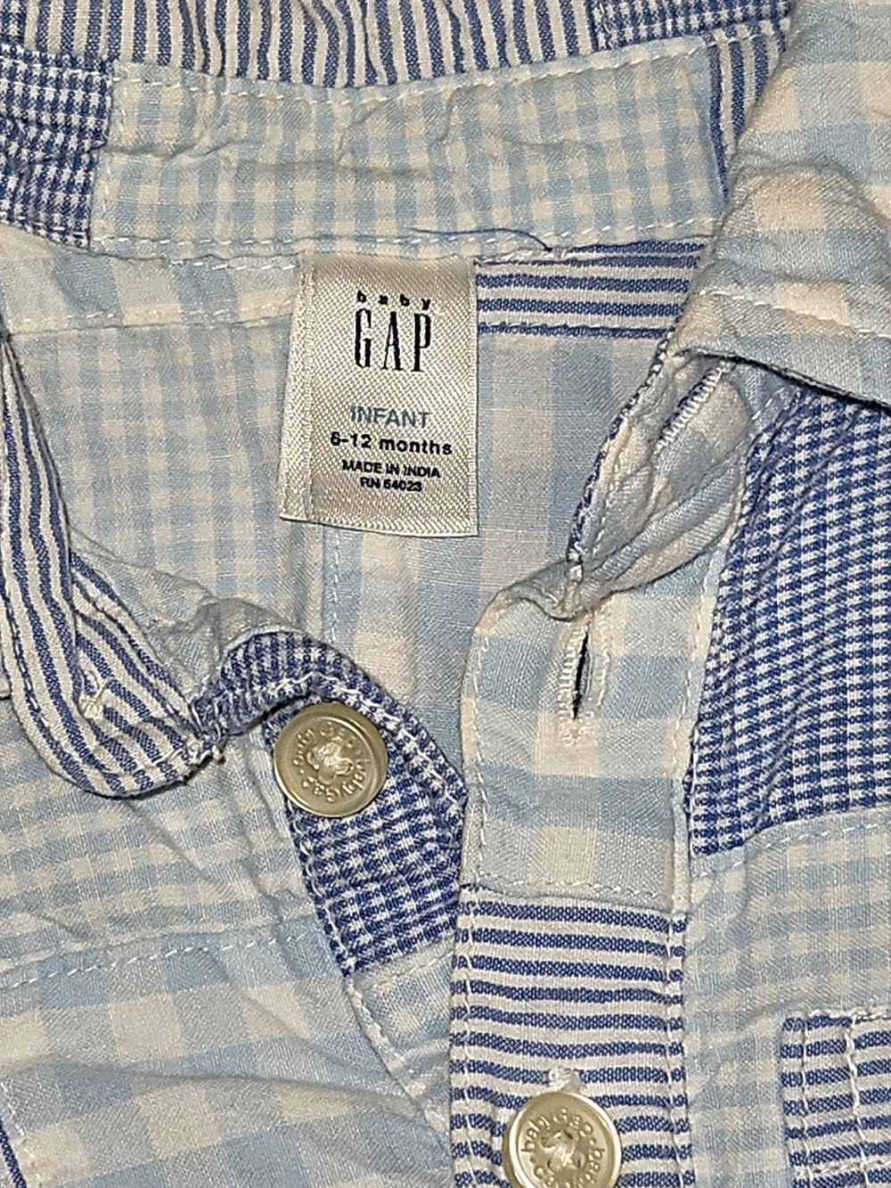 GAP Blue & White Patchwork Button-Front Shirt Baby 6-12 Months With Front Pocket